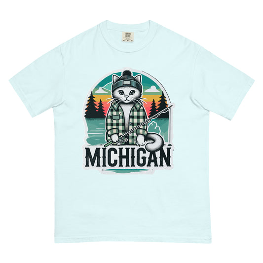 Light blue Michigan cat t-shirt with a fishing cat wearing a plaid shirt and beanie in a forest lake setting