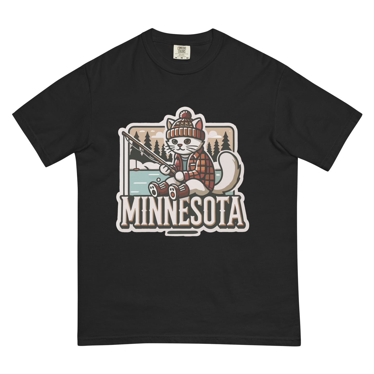 Black Minnesota cat t-shirt featuring a cat in winter clothes fishing with Minnesota text