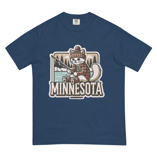 Blue Minnesota cat t-shirt featuring a cat fishing in a lake with trees and Minnesota text