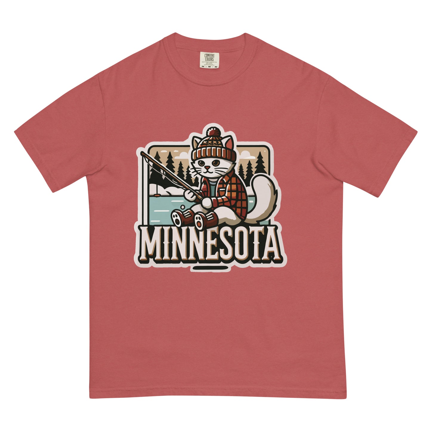 Minnesota cat t-shirt featuring a cat fishing with flannel hat and jacket on rust-colored fabric