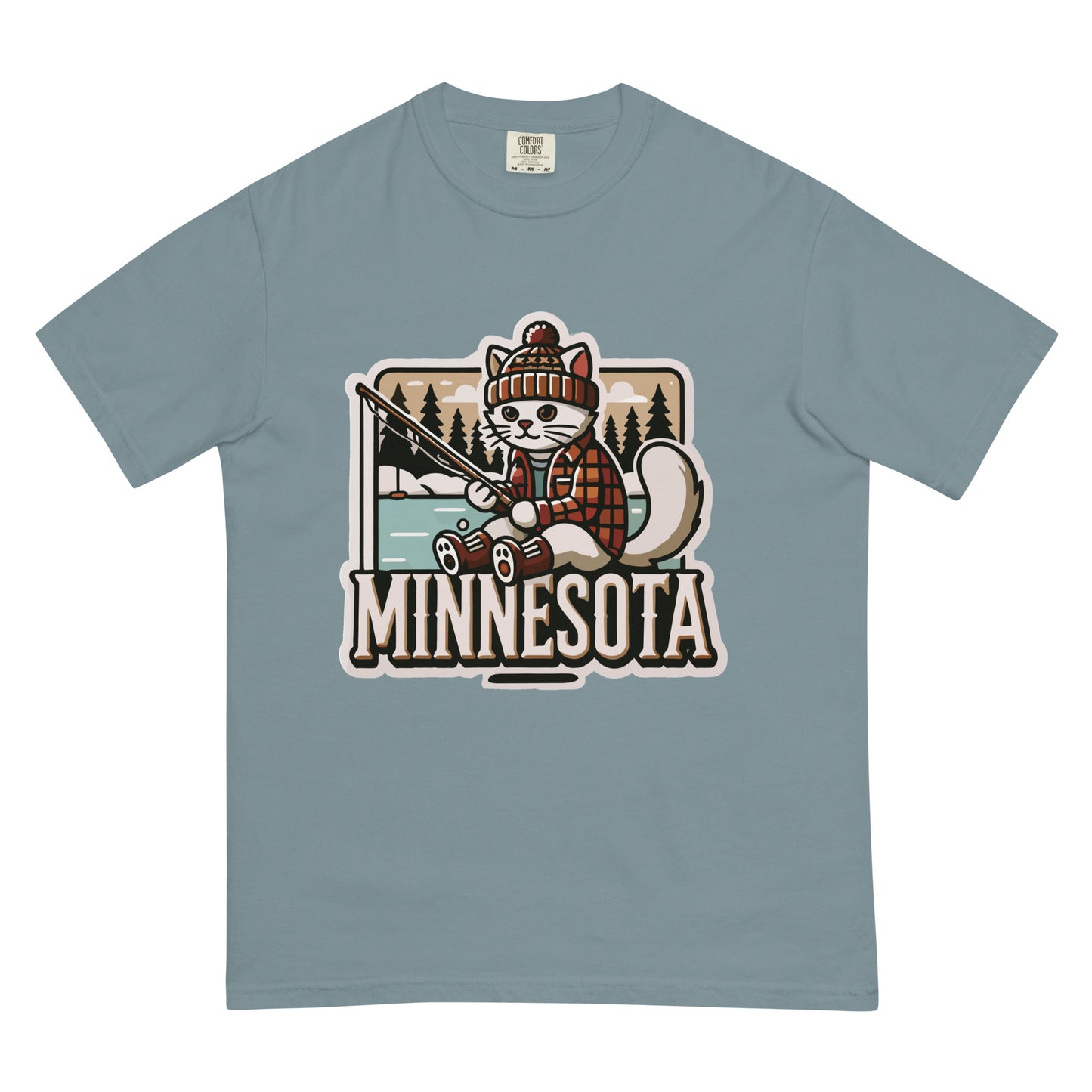 Minnesota cat t-shirt in blue with fishing cat graphic wearing a plaid hat and sweater
