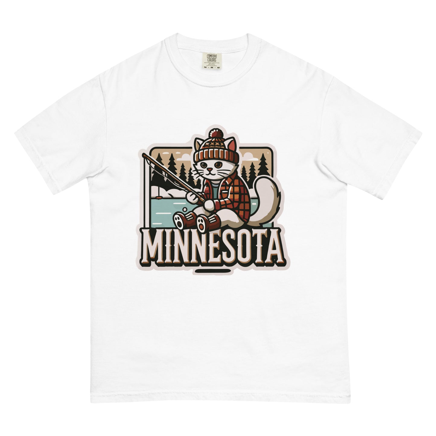 White Minnesota cat t-shirt with fishing cat graphic wearing a plaid hat and jacket