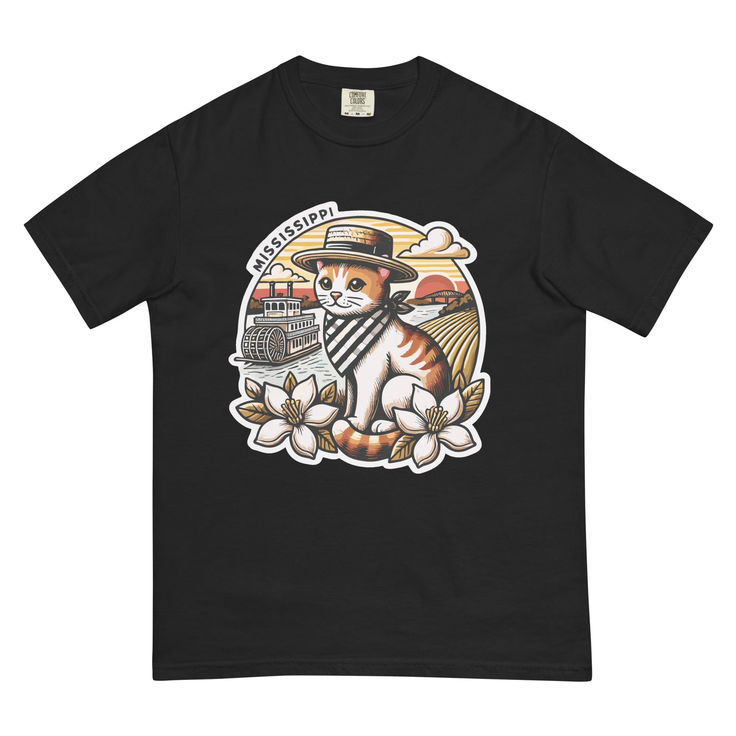Black Mississippi cat t-shirt featuring a cute cat with a straw hat, flowers, and riverboat design