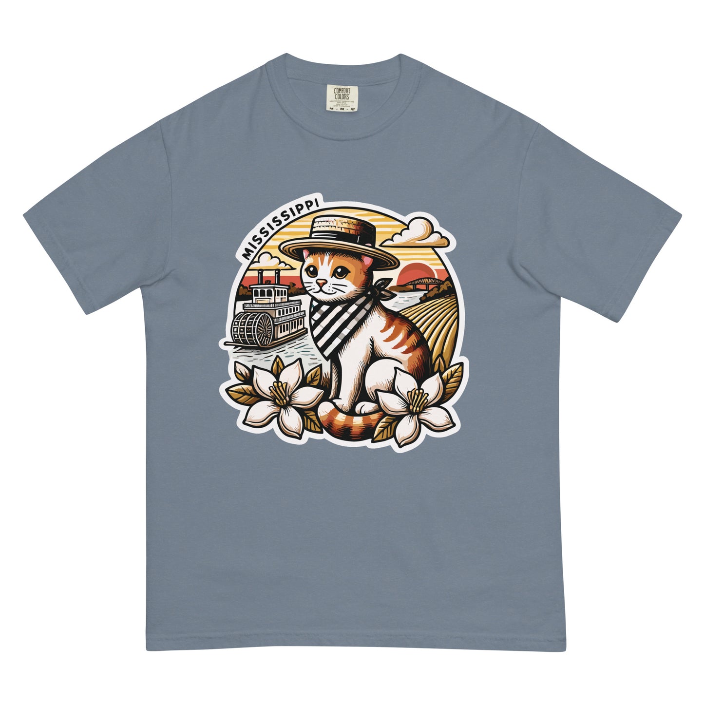 Mississippi cat t-shirt featuring a cat with a straw hat and bandana by a riverboat and magnolia flowers