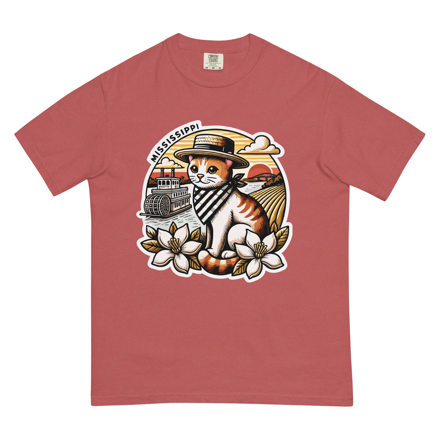 Mississippi cat t-shirt featuring a cat with a hat and bandana by a riverboat and magnolia flowers