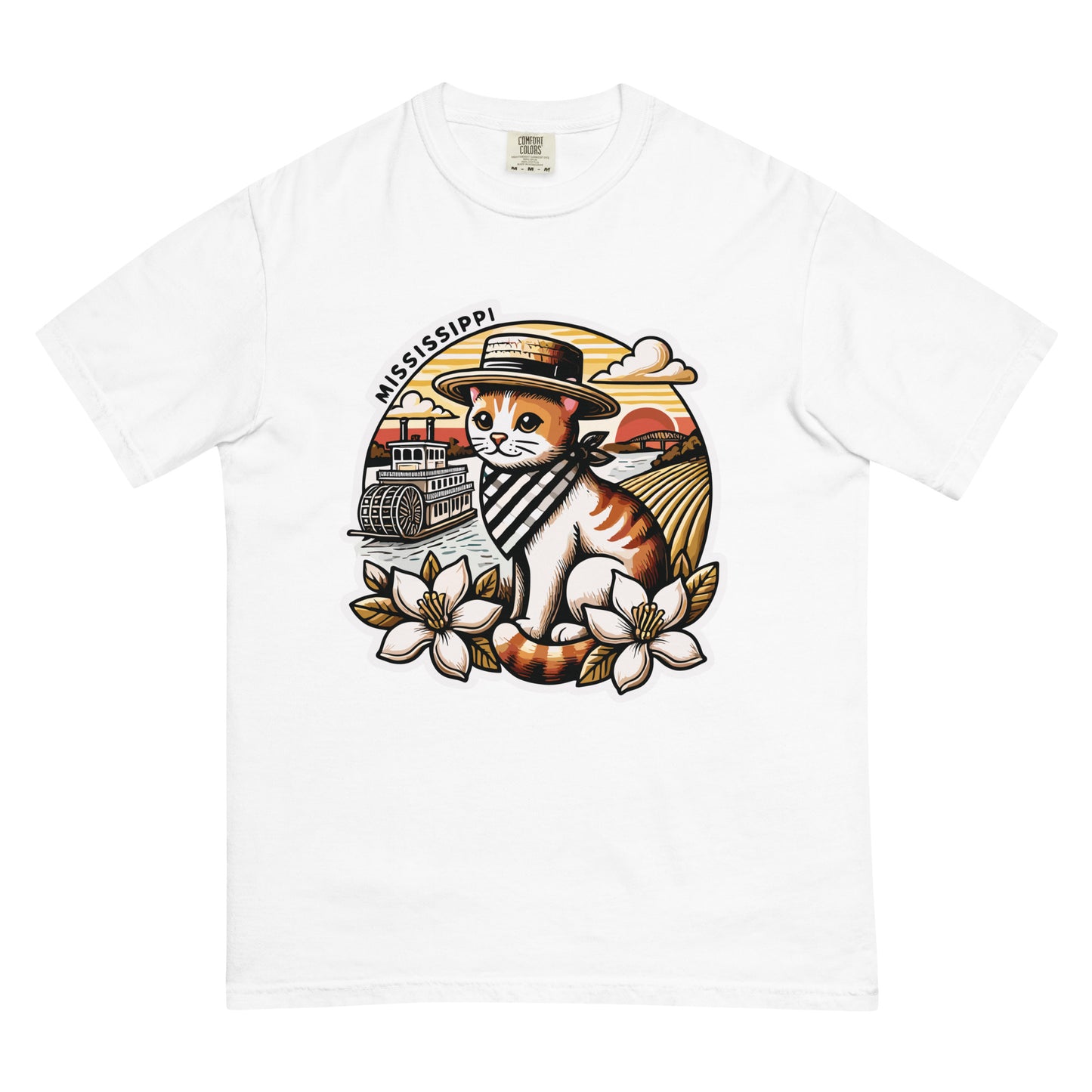 White Mississippi cat t-shirt featuring a cat with a hat and bandana with Mississippi riverboat and flowers graphic