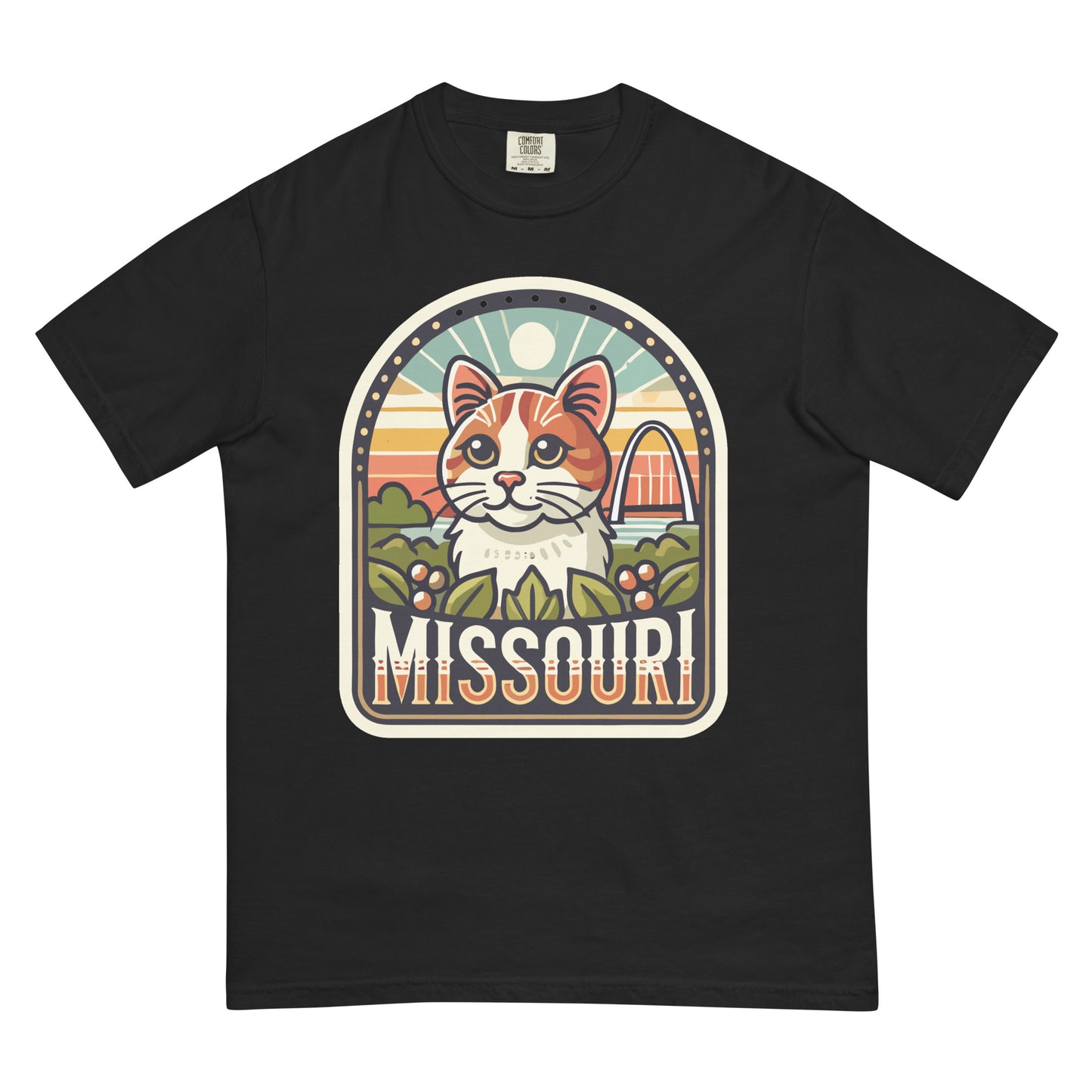 Black Missouri cat t-shirt with colorful graphic of a cat and Missouri landmarks