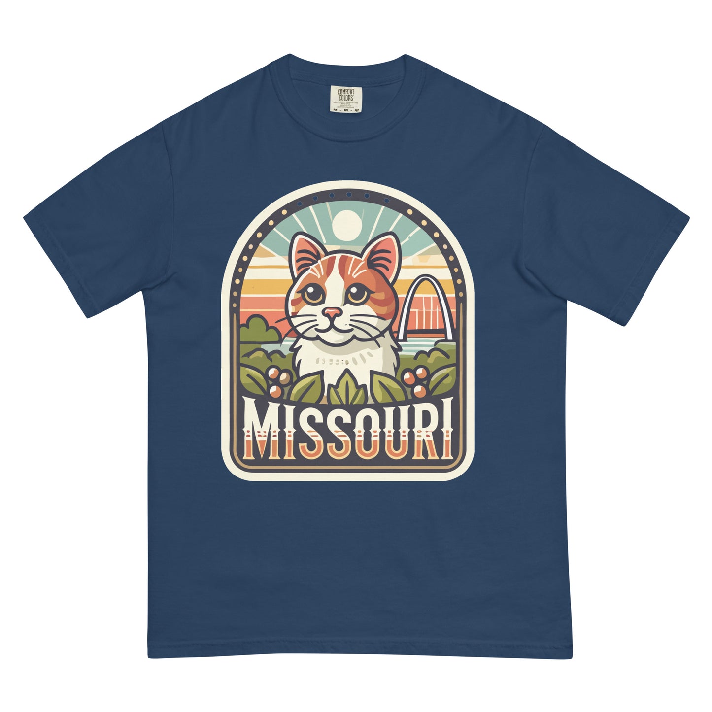 Blue Missouri cat t-shirt featuring a graphic of an orange and white cat with Missouri-themed background