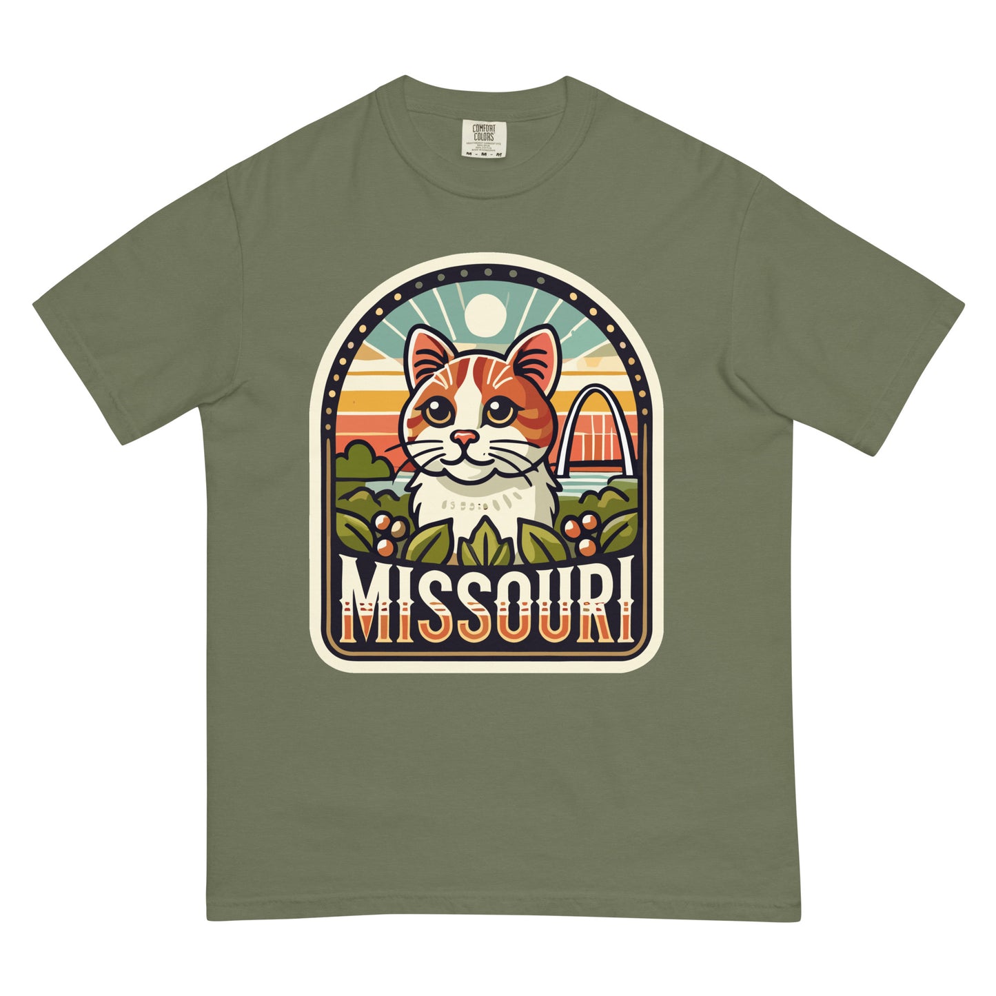 Olive green Missouri cat t-shirt featuring a graphic of a cat with Missouri landmarks and sunset