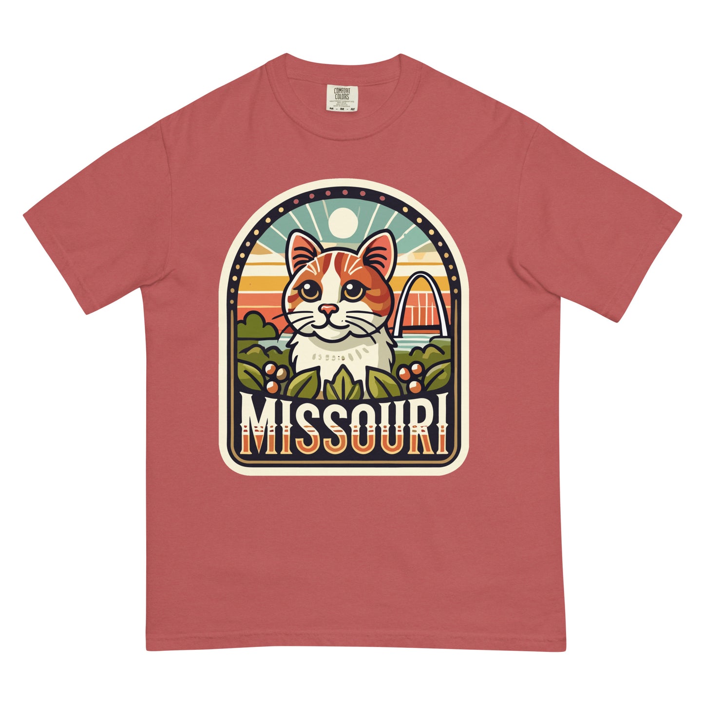 Missouri cat t-shirt by meowrica with orange cat and Missouri landmarks on a red tee