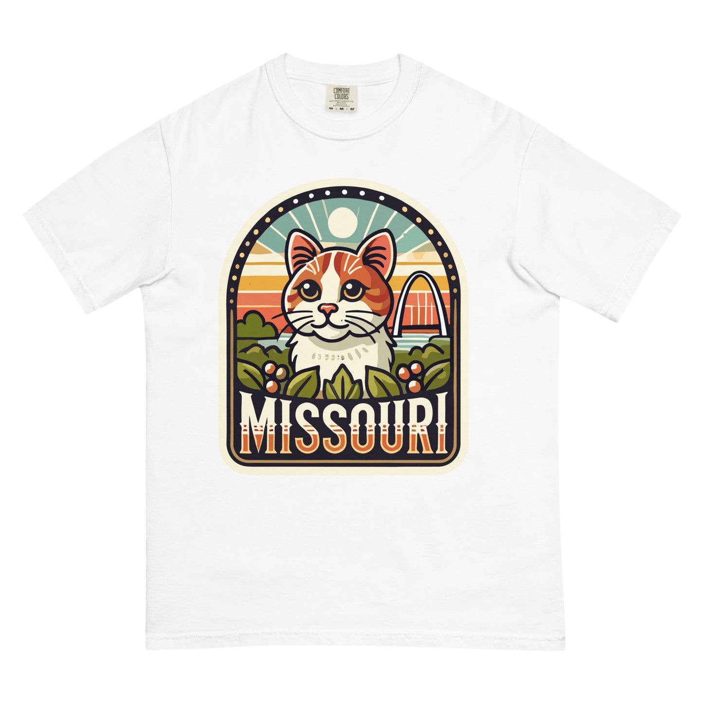White Missouri cat t-shirt featuring a graphic of an orange and white cat with Missouri landmarks