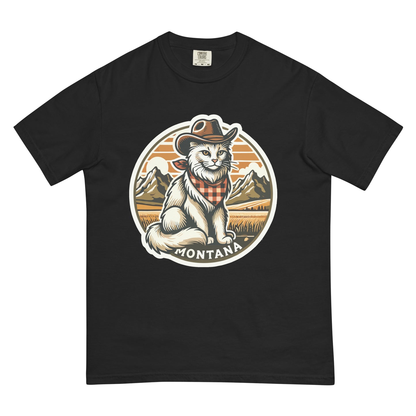 Black Montana cat t-shirt with a cowboy cat illustration and mountain background by meowrica