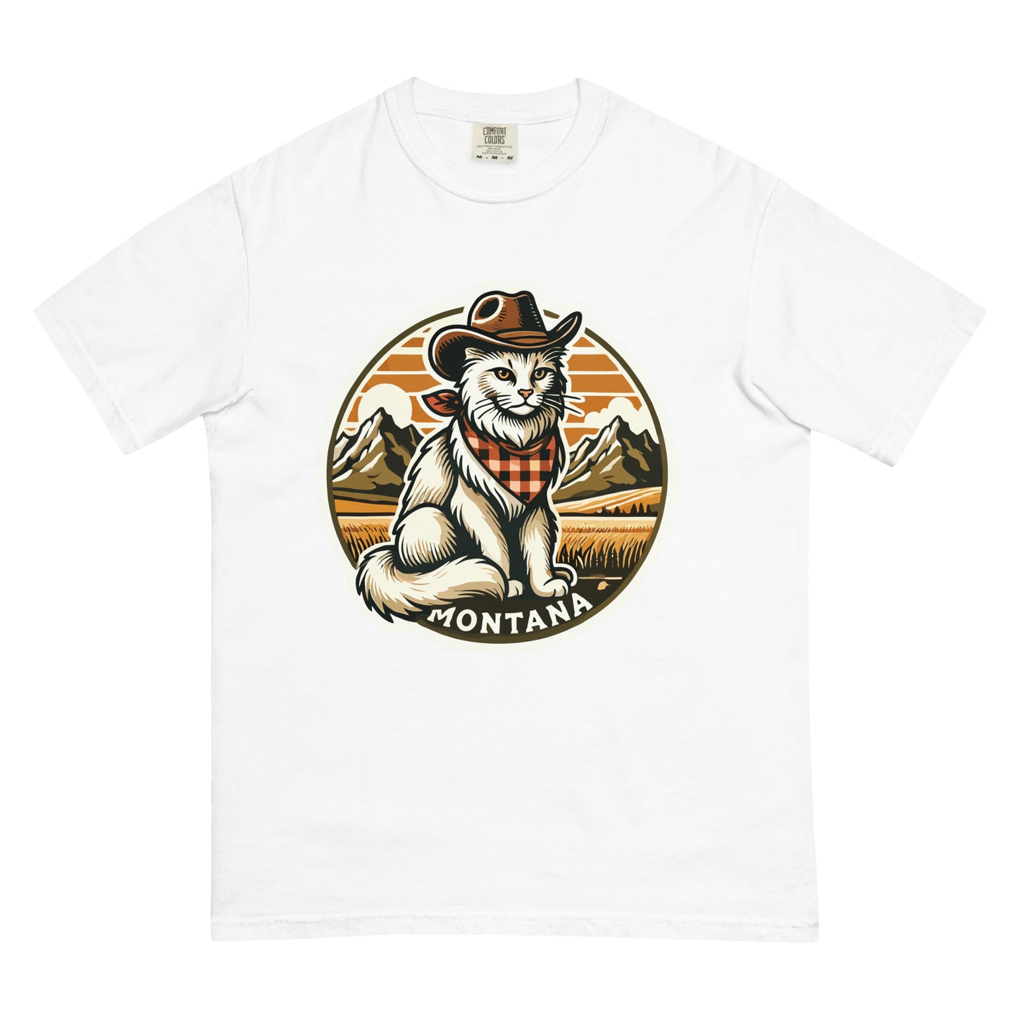 White Montana cat t-shirt featuring a cat wearing a cowboy hat and bandana with mountain background