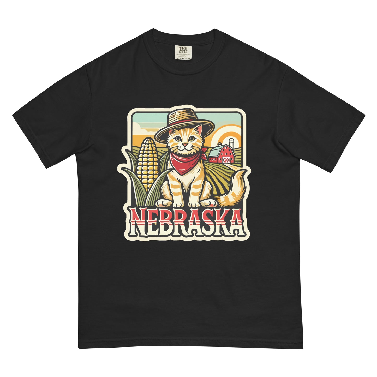 Black Nebraska cat t-shirt featuring a cat in a farmer outfit with corn and barn background