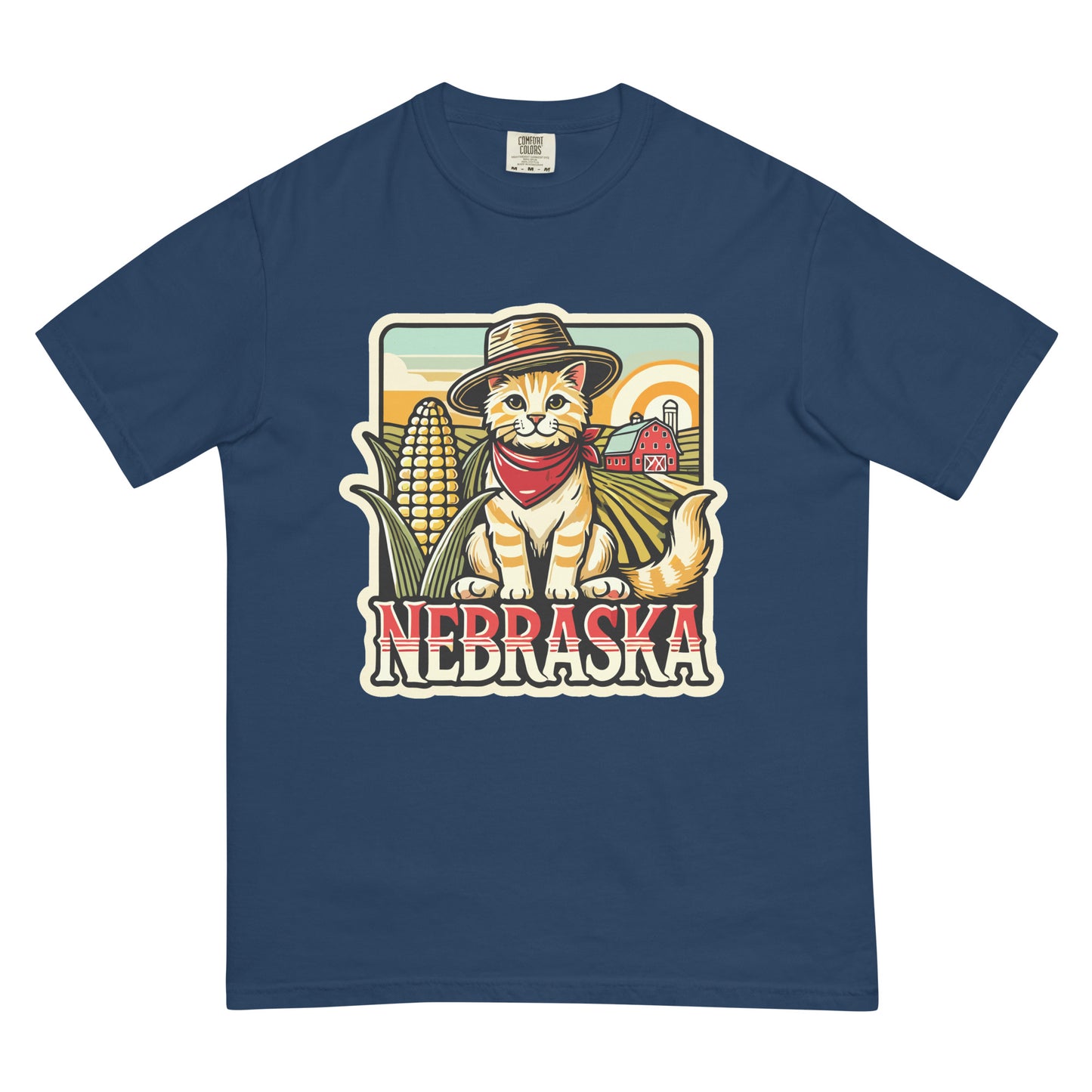 Nebraska cat t-shirt with a cute cat wearing a farmer hat and red bandana in front of corn and a barn