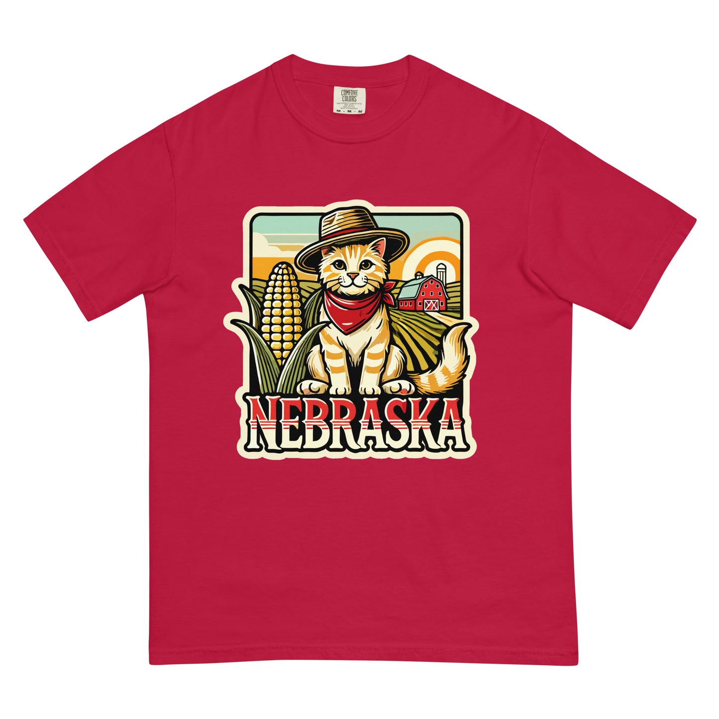 Red Nebraska cat t-shirt with cute cat wearing a hat and bandana in a farm setting