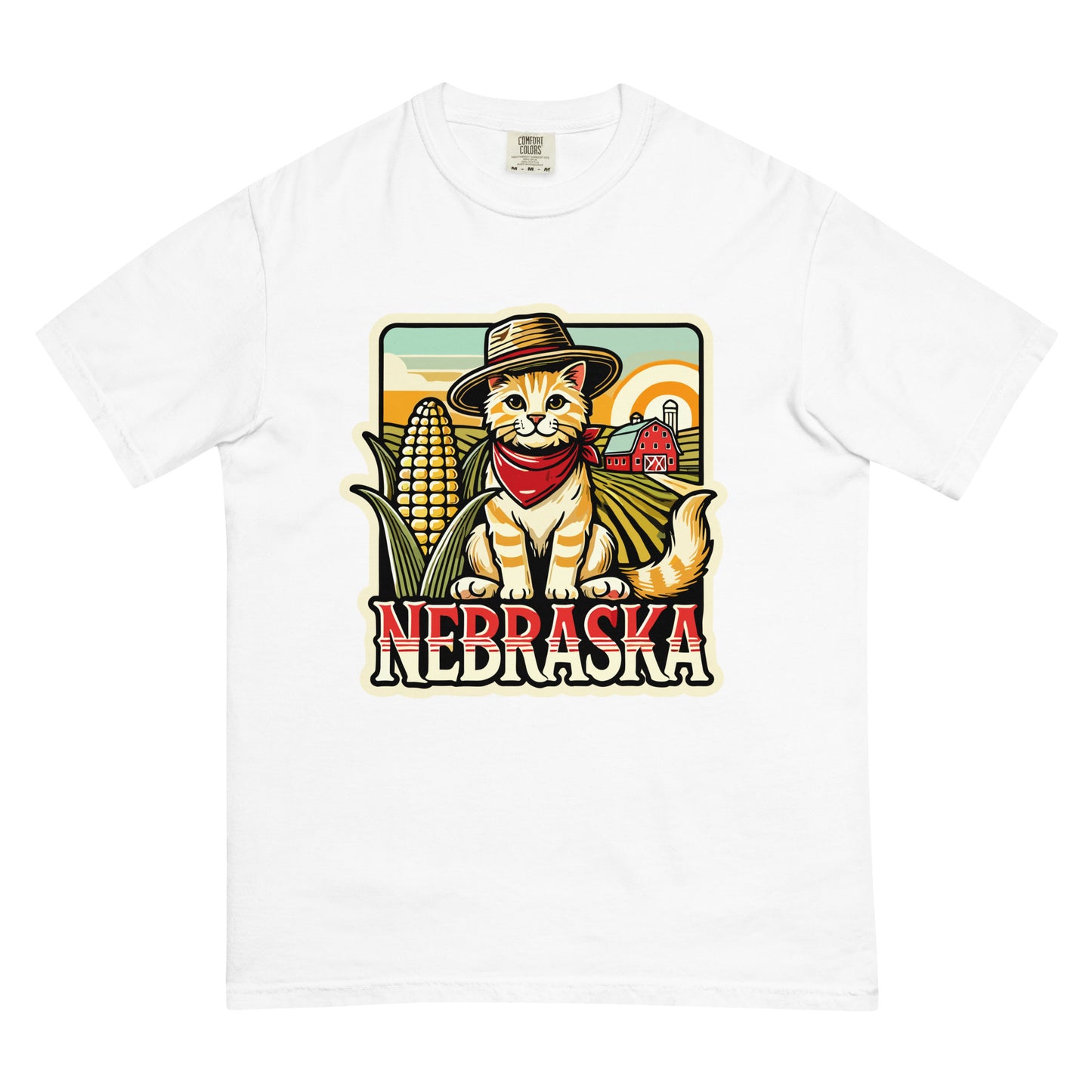 White Nebraska cat t-shirt featuring a farm-themed cat wearing a hat and bandana with corn and barn background