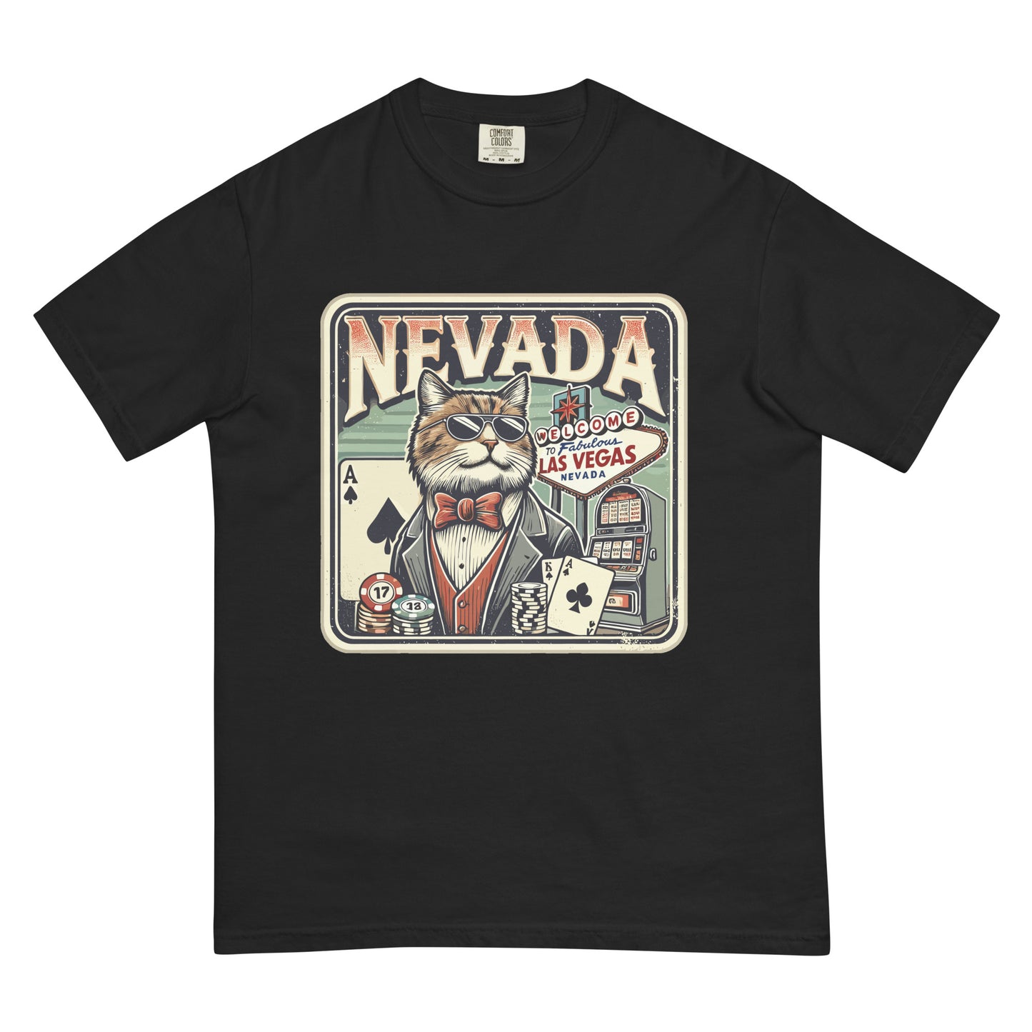 Black Nevada cat t-shirt featuring a cool cat in a tuxedo with Las Vegas themed poker design
