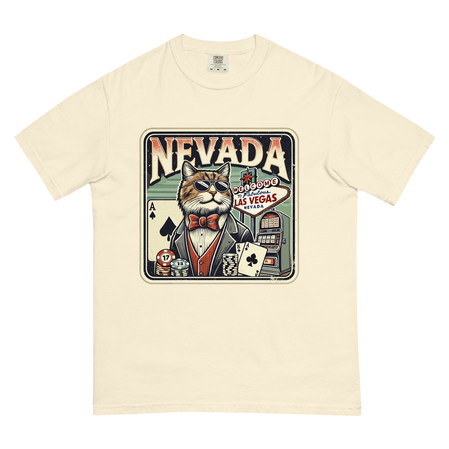 Nevada cat t-shirt with vintage Las Vegas themed cat wearing sunglasses and suit