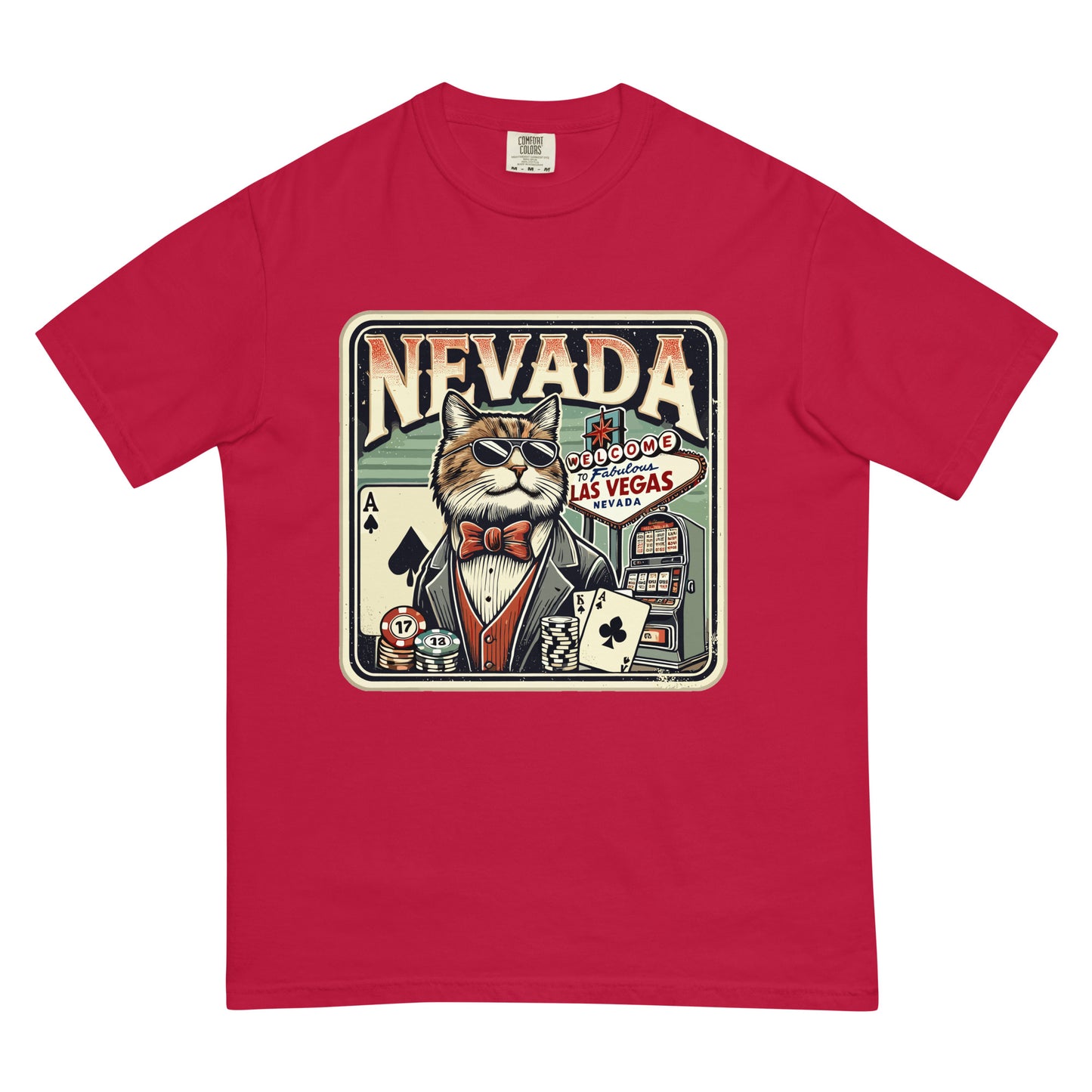 Red Nevada cat t-shirt featuring a cool cat in sunglasses with Las Vegas casino design