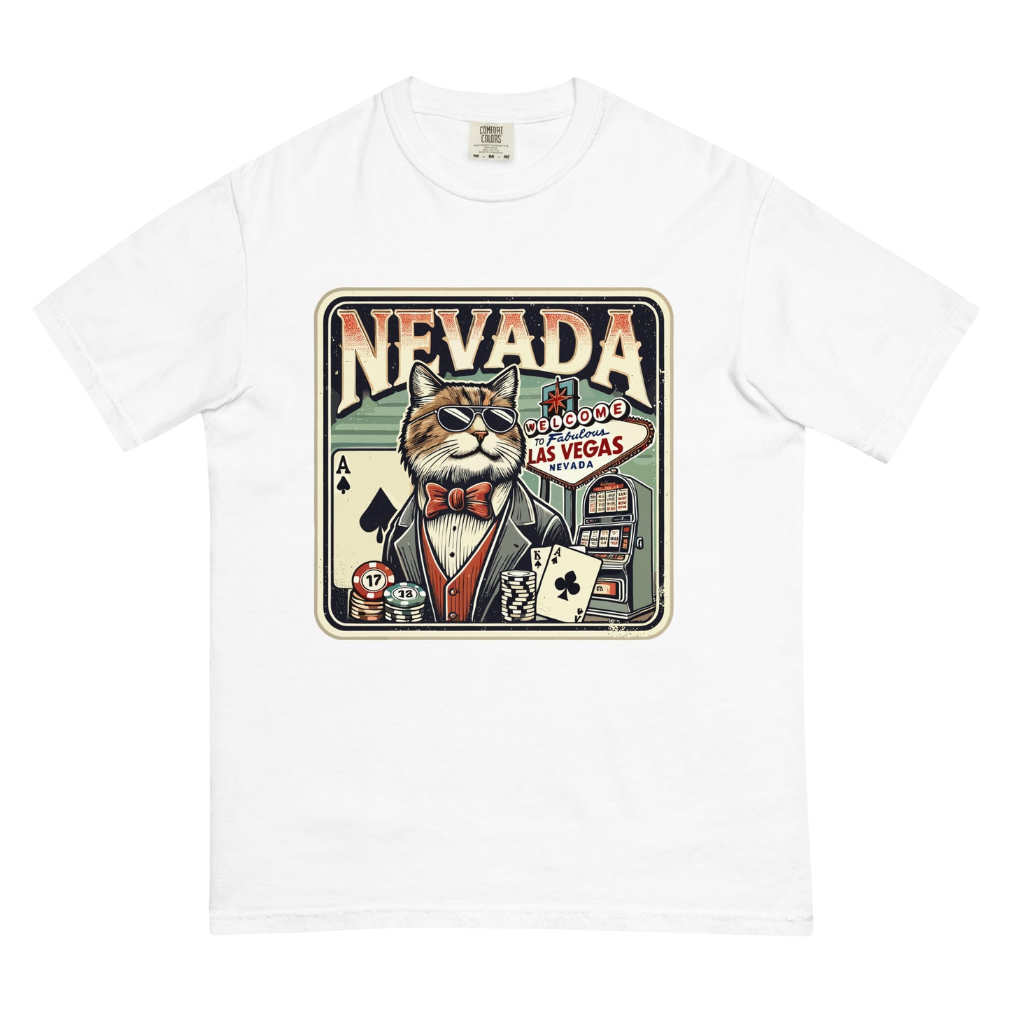 White Nevada cat t-shirt featuring a cool cat in a tuxedo with Las Vegas casino design
