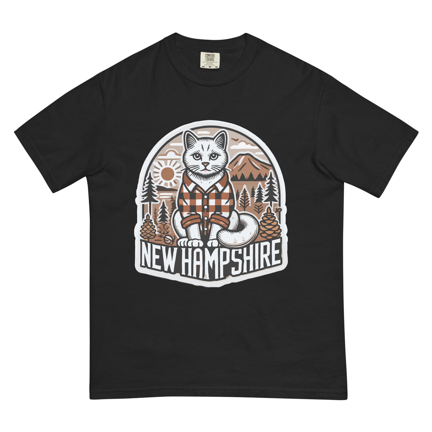 Black New Hampshire cat t-shirt featuring a cat in a plaid shirt with mountains and pine trees background