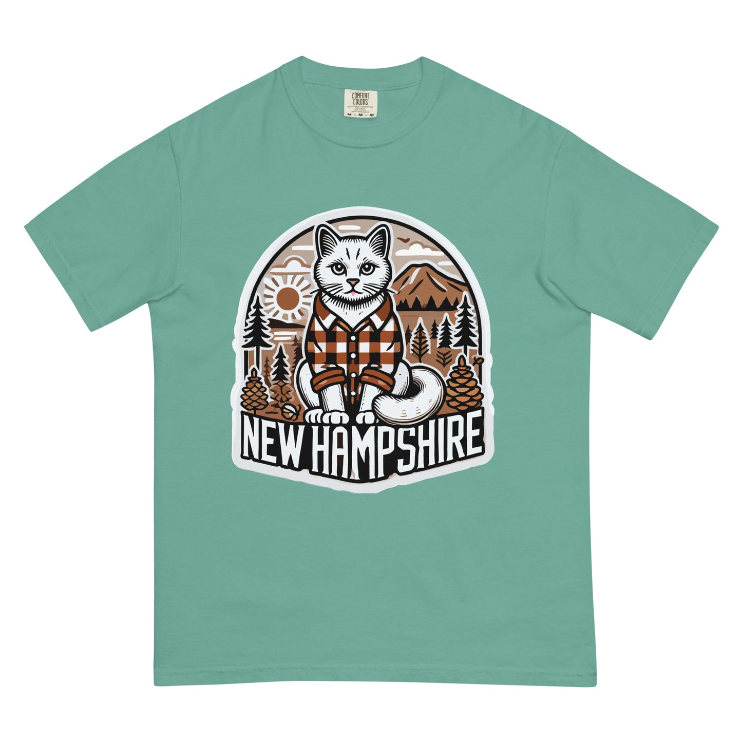 New Hampshire cat t-shirt featuring a cat in a plaid shirt with mountain and forest design