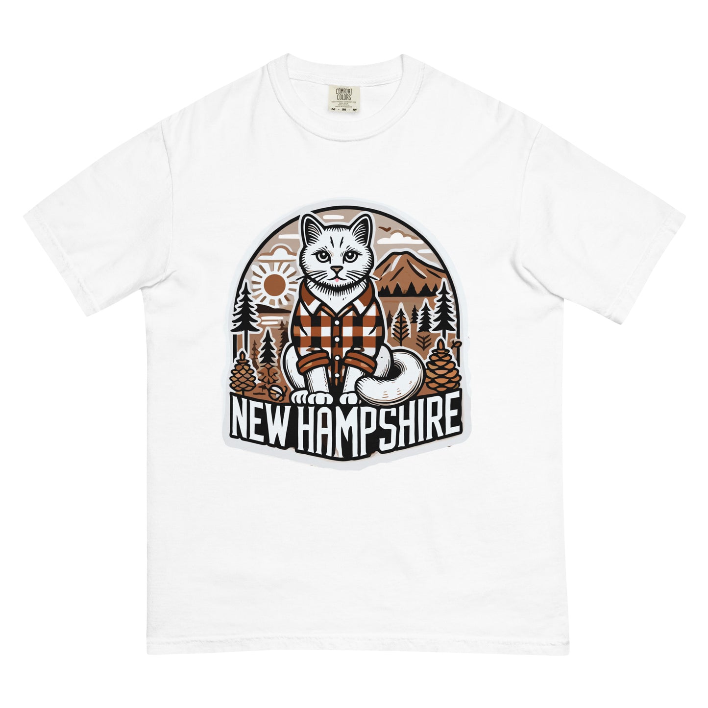 White New Hampshire cat t-shirt featuring a cat in a plaid shirt with mountain and forest design