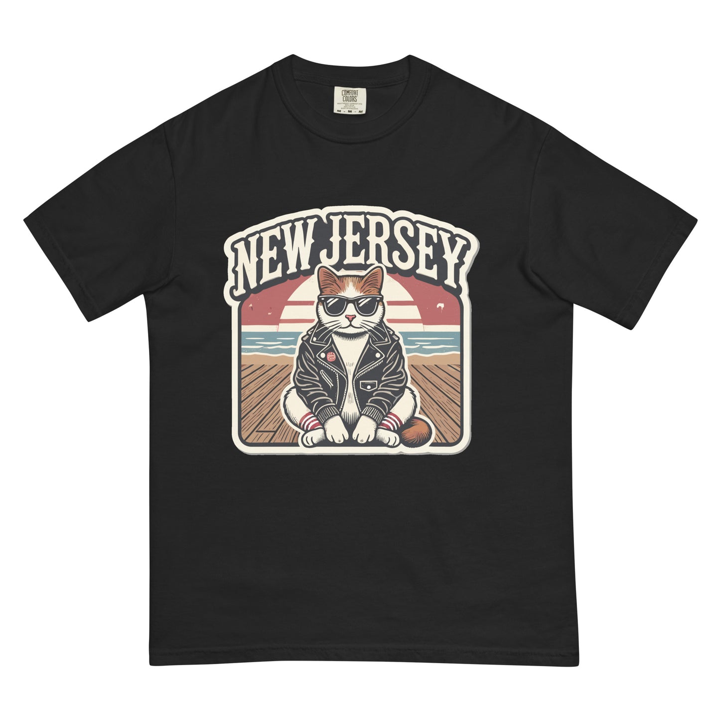 Black New Jersey cat t-shirt featuring a cool cat in sunglasses and leather jacket on a boardwalk