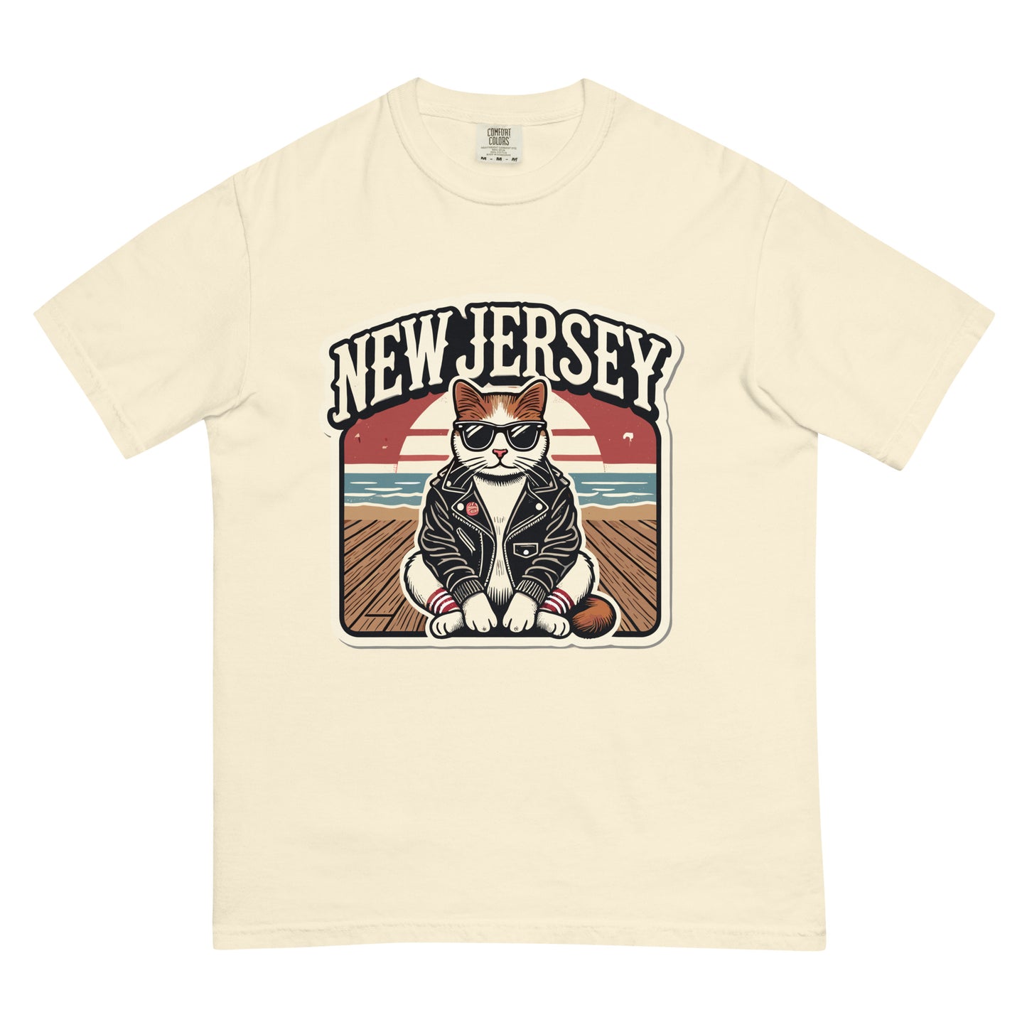 Cream New Jersey cat t-shirt with graphic of a cool cat wearing sunglasses and a leather jacket