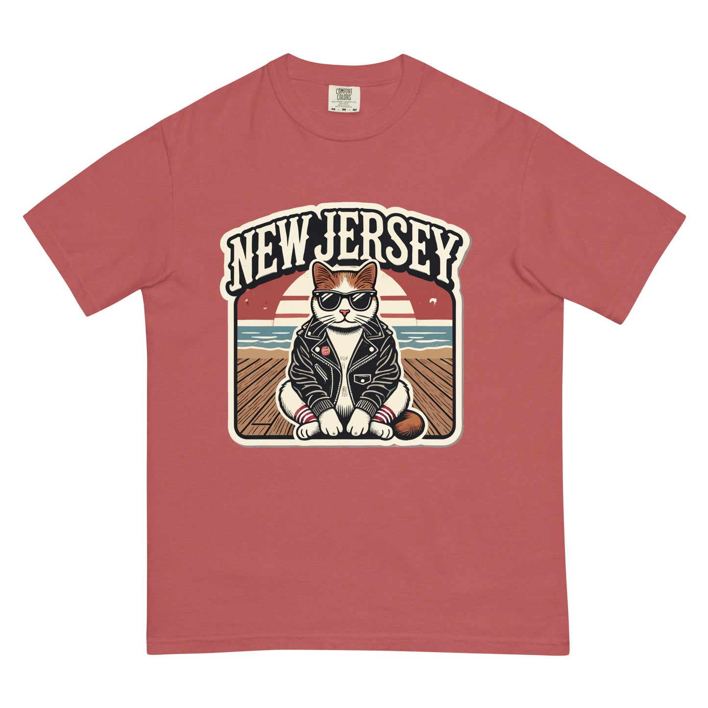 Meowrica New Jersey cat t-shirt with cool cat wearing sunglasses and leather jacket graphic