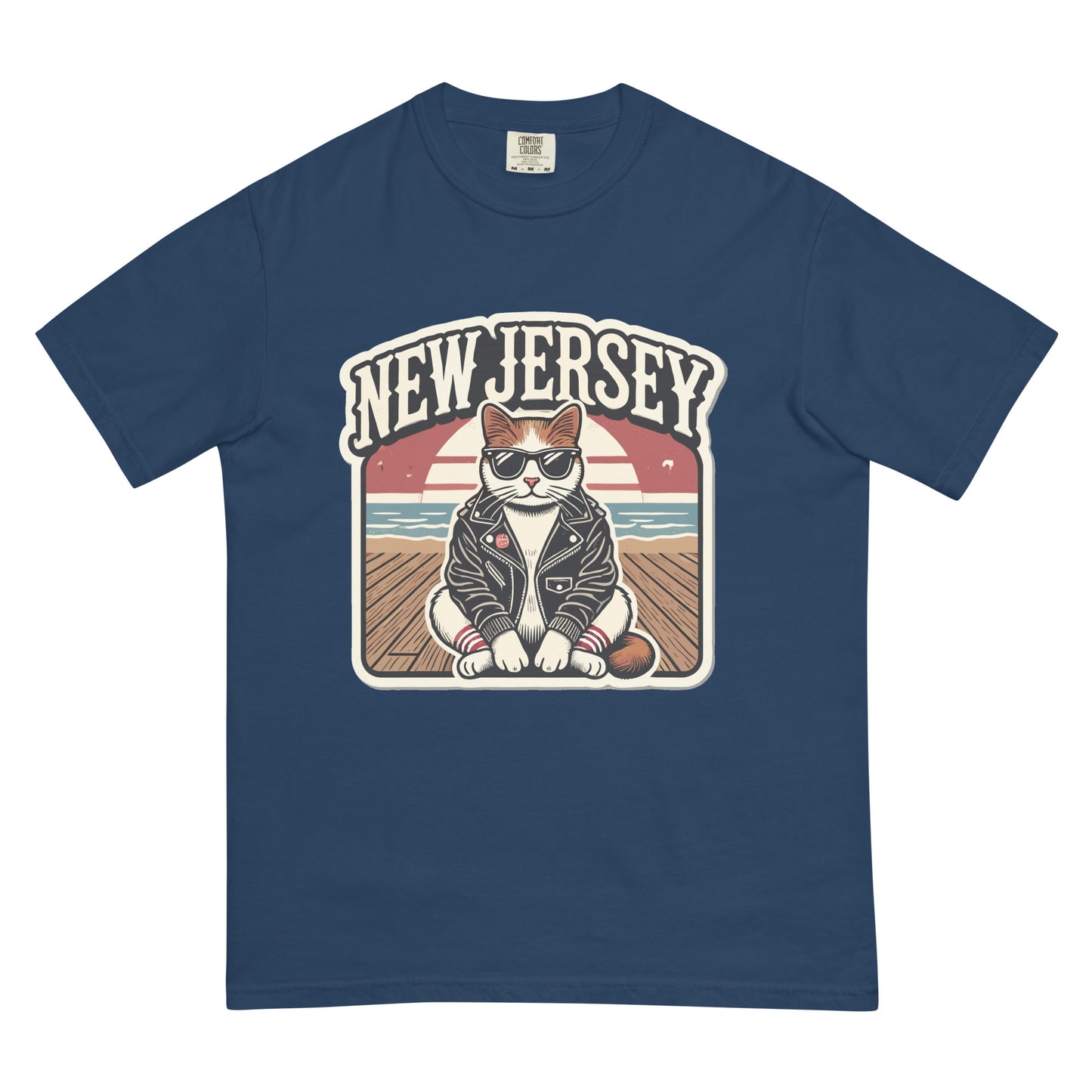 New Jersey cat t-shirt with cool cat wearing sunglasses and leather jacket on navy blue shirt
