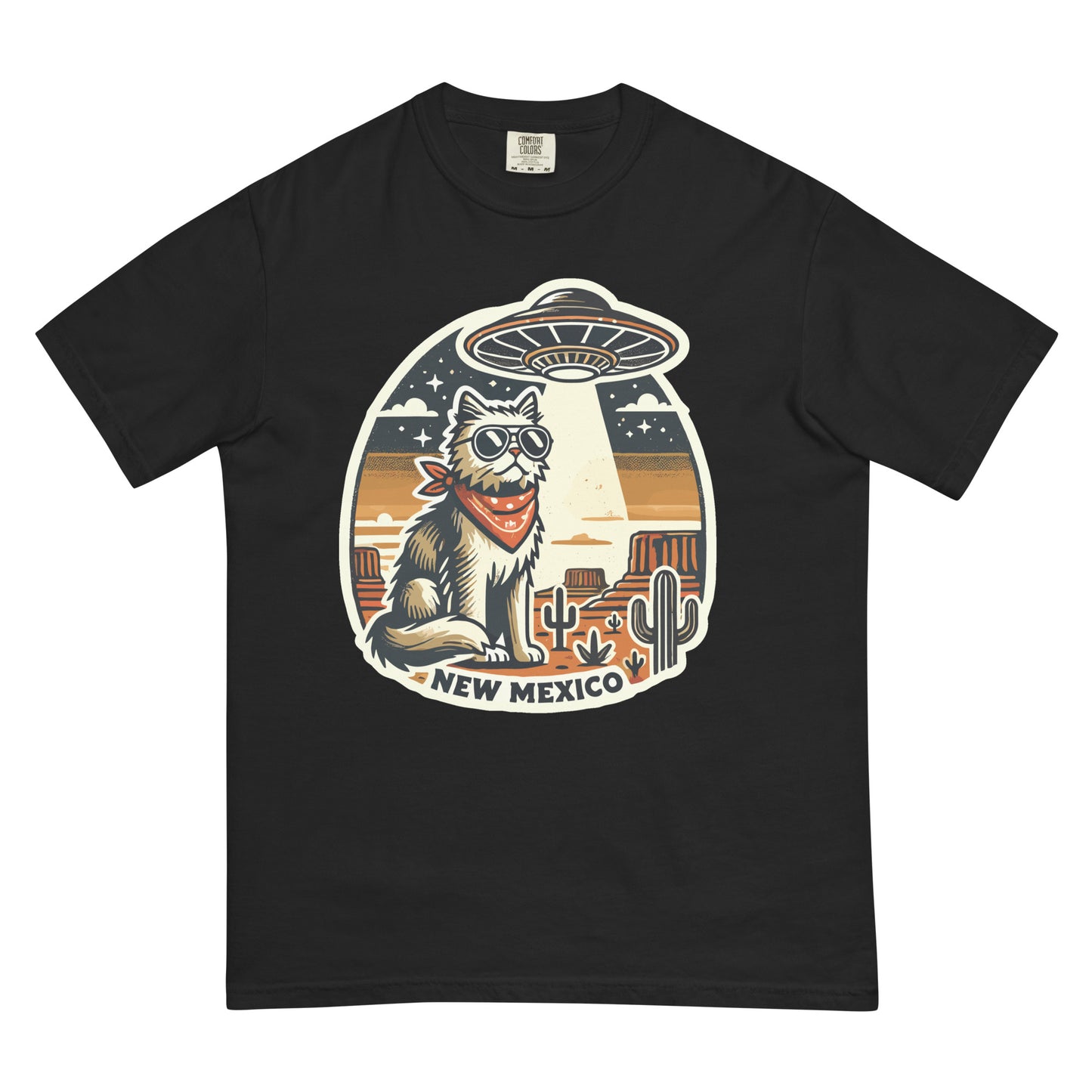 Black meowrica New Mexico cat t-shirt featuring a cool cat with sunglasses and bandana under a UFO in desert scene