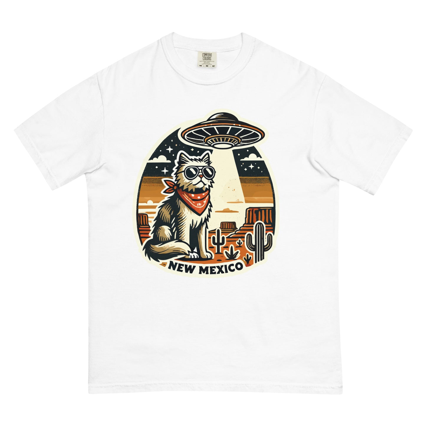 White New Mexico cat t-shirt featuring a cool cat with sunglasses and a bandana under a UFO in desert scenery