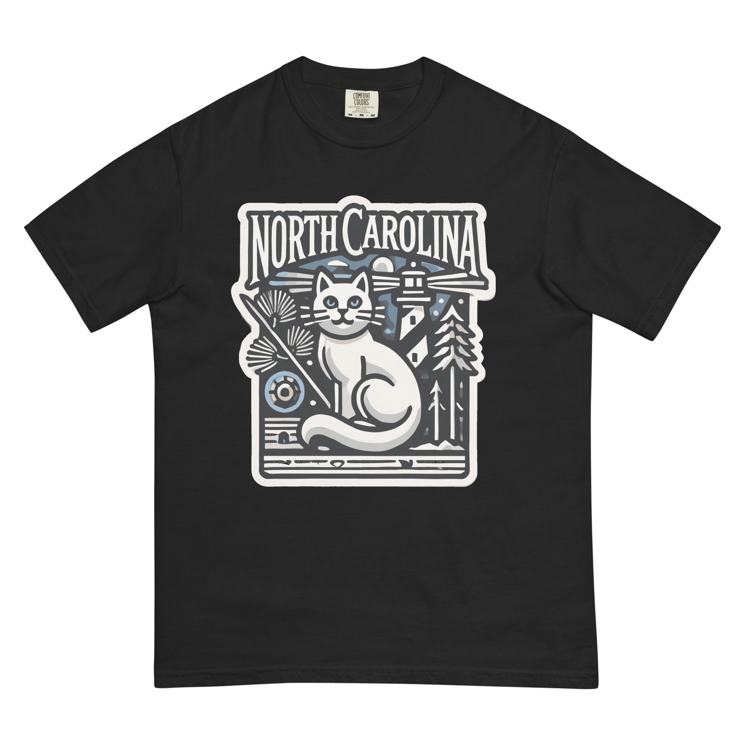 Black North Carolina cat shirt featuring a white cat with a lighthouse and trees graphic