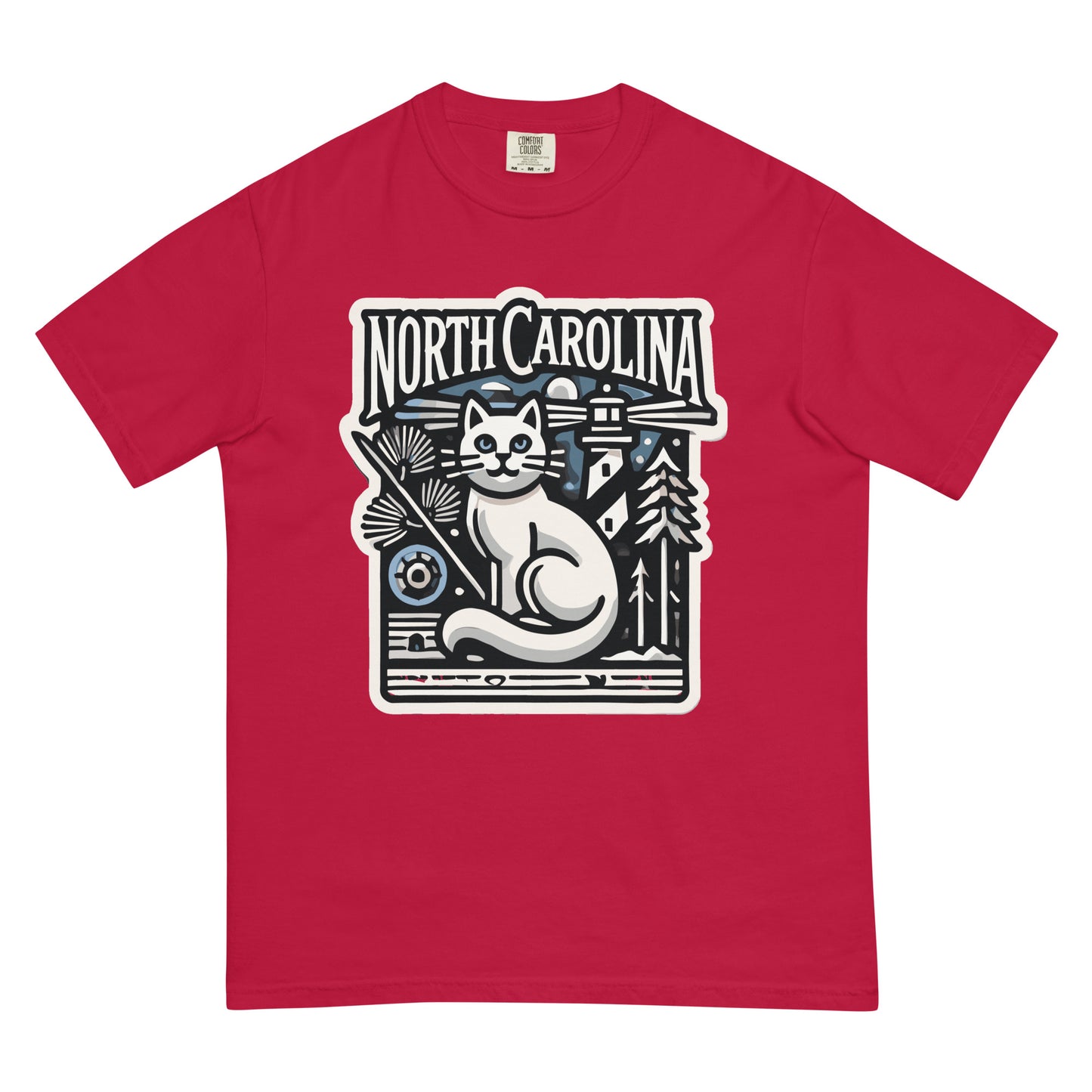 Red North Carolina cat shirt with white cat and lighthouse graphic by meowrica