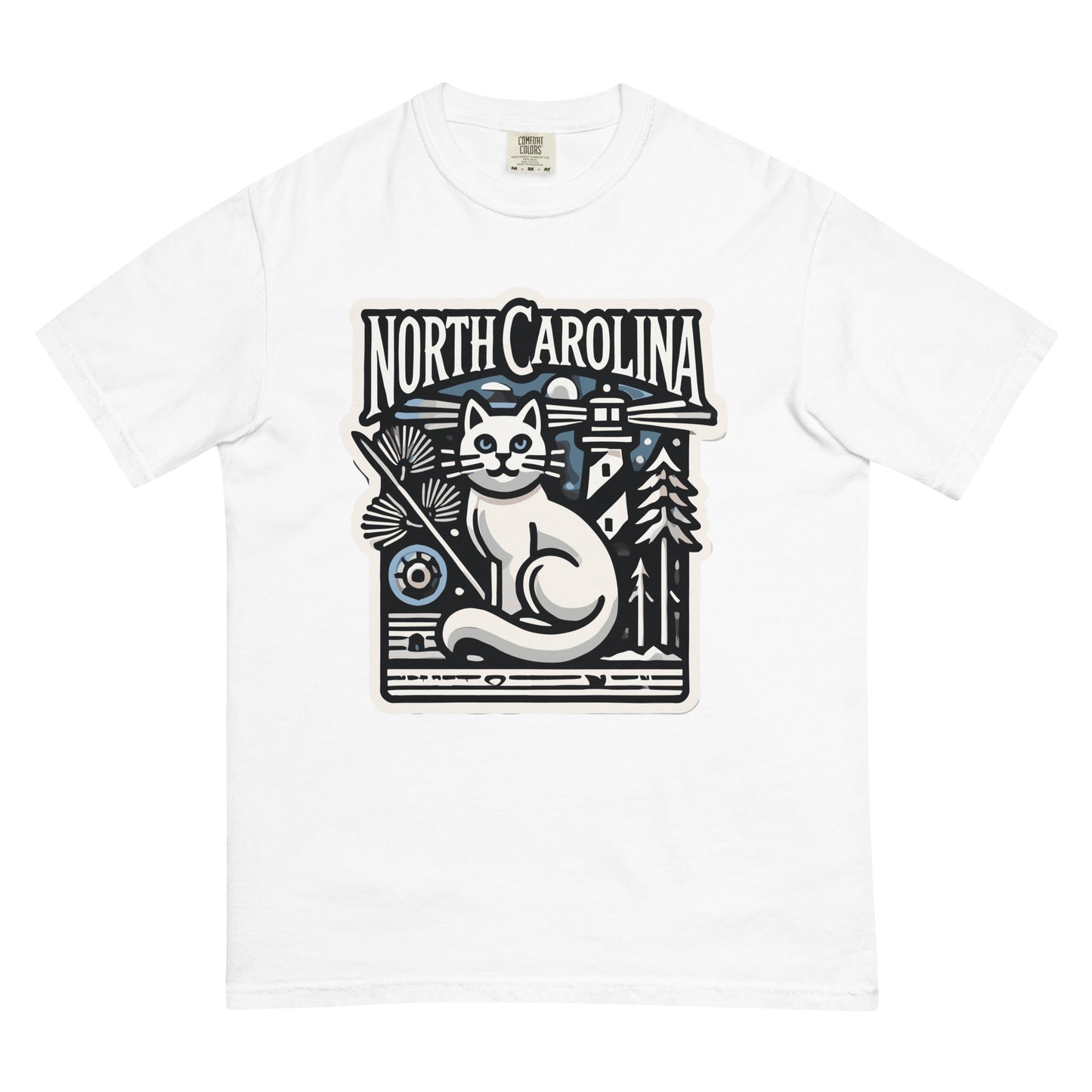 White North Carolina cat shirt featuring a stylized cat with lighthouse and trees graphic