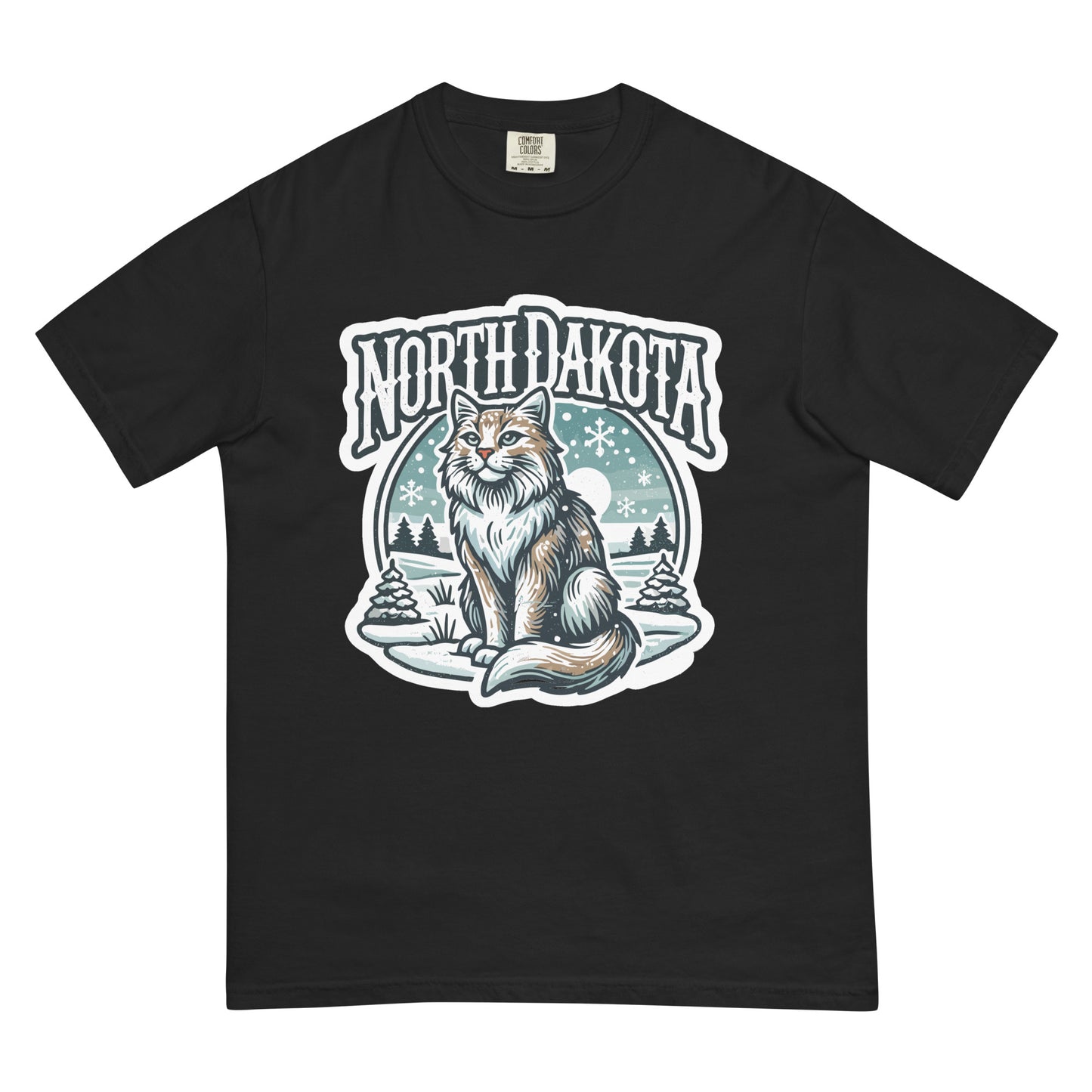 Black North Dakota cat t-shirt featuring a detailed cat illustration with snowy landscape and trees