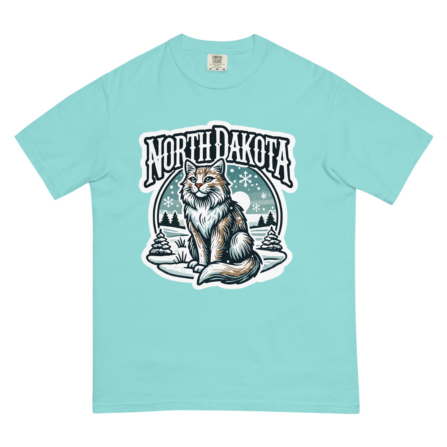 Light blue North Dakota cat t-shirt featuring a detailed cat illustration with snowy landscape background