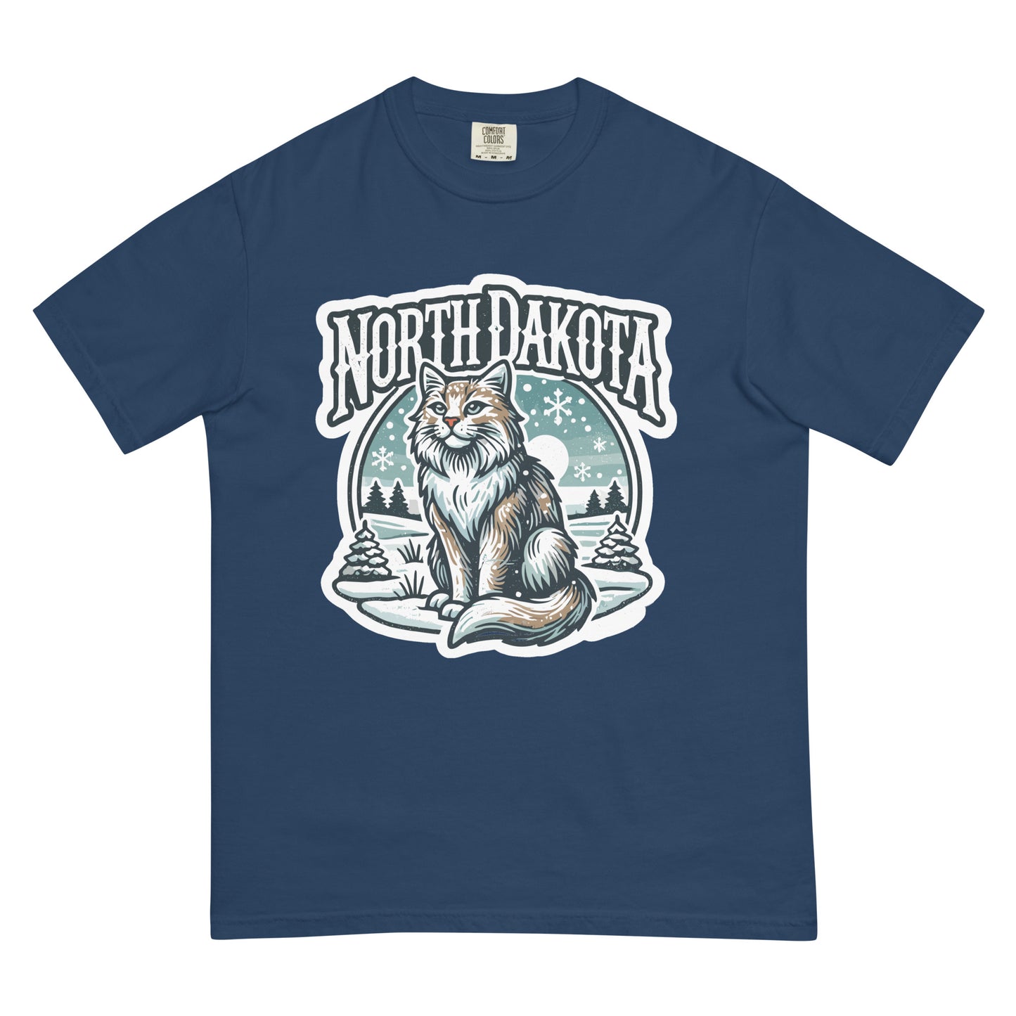 Meowrica North Dakota cat t-shirt featuring a detailed cat illustration with snowy background