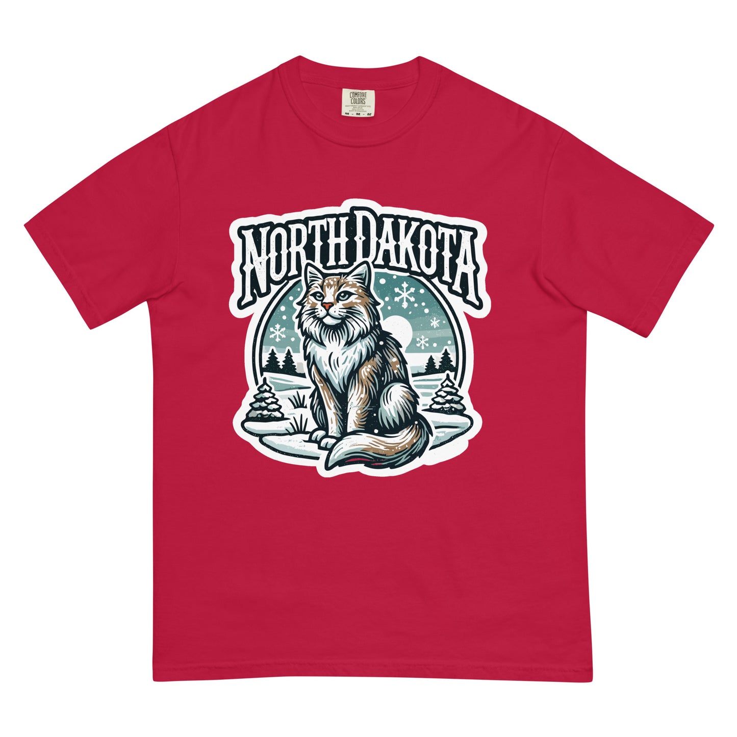 Red North Dakota cat t-shirt featuring a detailed cat illustration with snowy trees and sky background