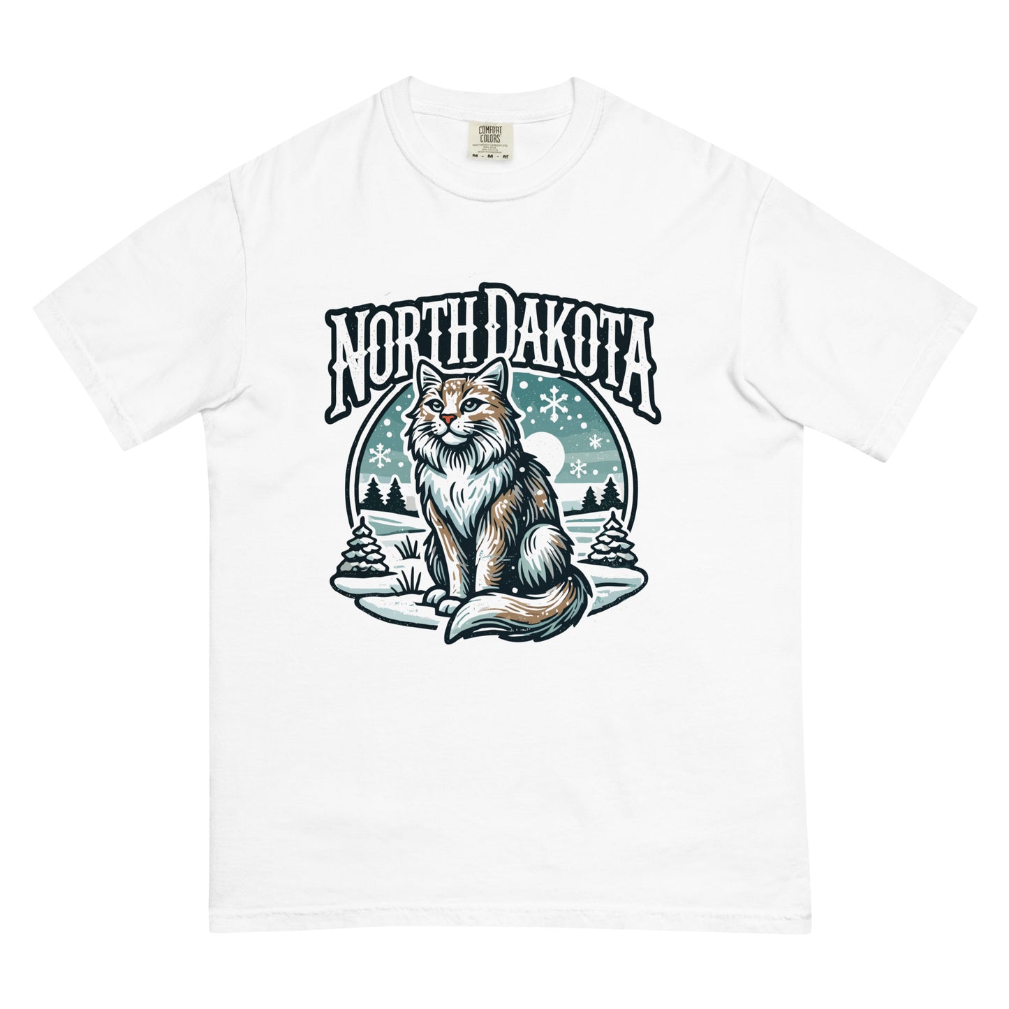 White North Dakota cat t-shirt with a detailed illustration of a fluffy cat in a winter scene