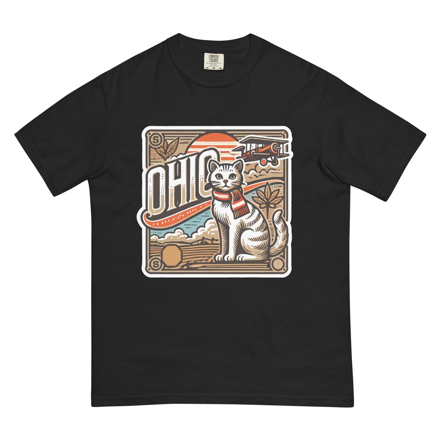 Black Ohio cat t-shirt featuring a white cat with a scarf and vintage airplane design