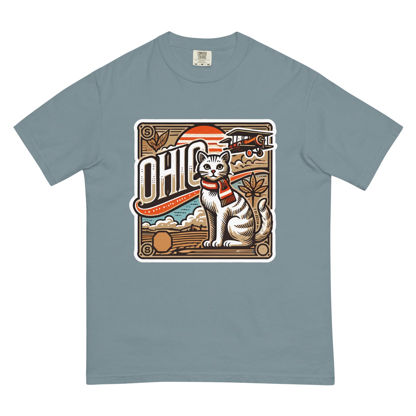 Ohio cat t-shirt featuring a white cat with scarf and vintage airplane graphic on blue shirt