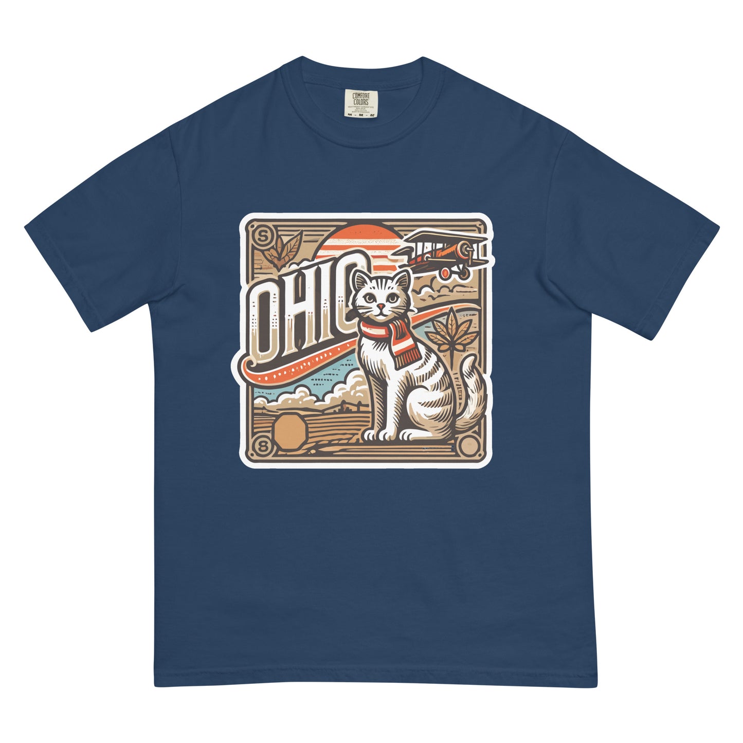 Navy blue Ohio cat t-shirt with vintage cat and airplane design by Meowrica