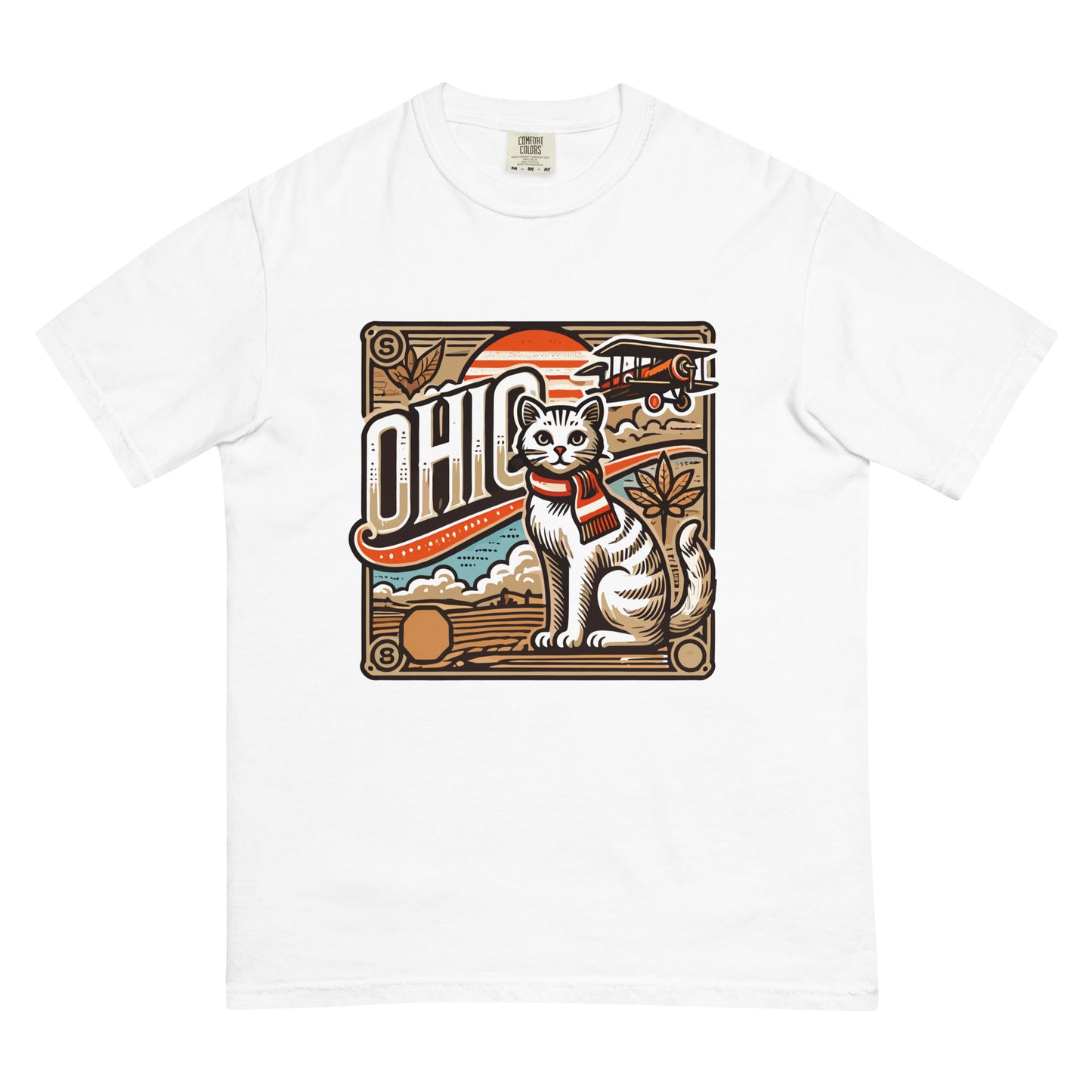 White Ohio cat t-shirt featuring a vintage style cat with scarf and airplane graphic