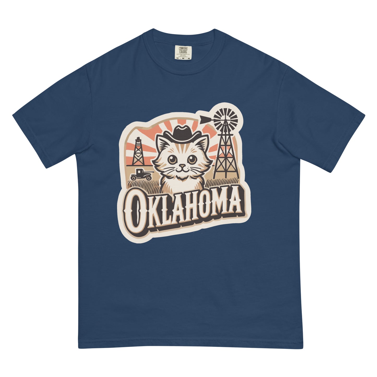 Blue Oklahoma cat t-shirt featuring a cute cat with a cowboy hat and Oklahoma-themed background