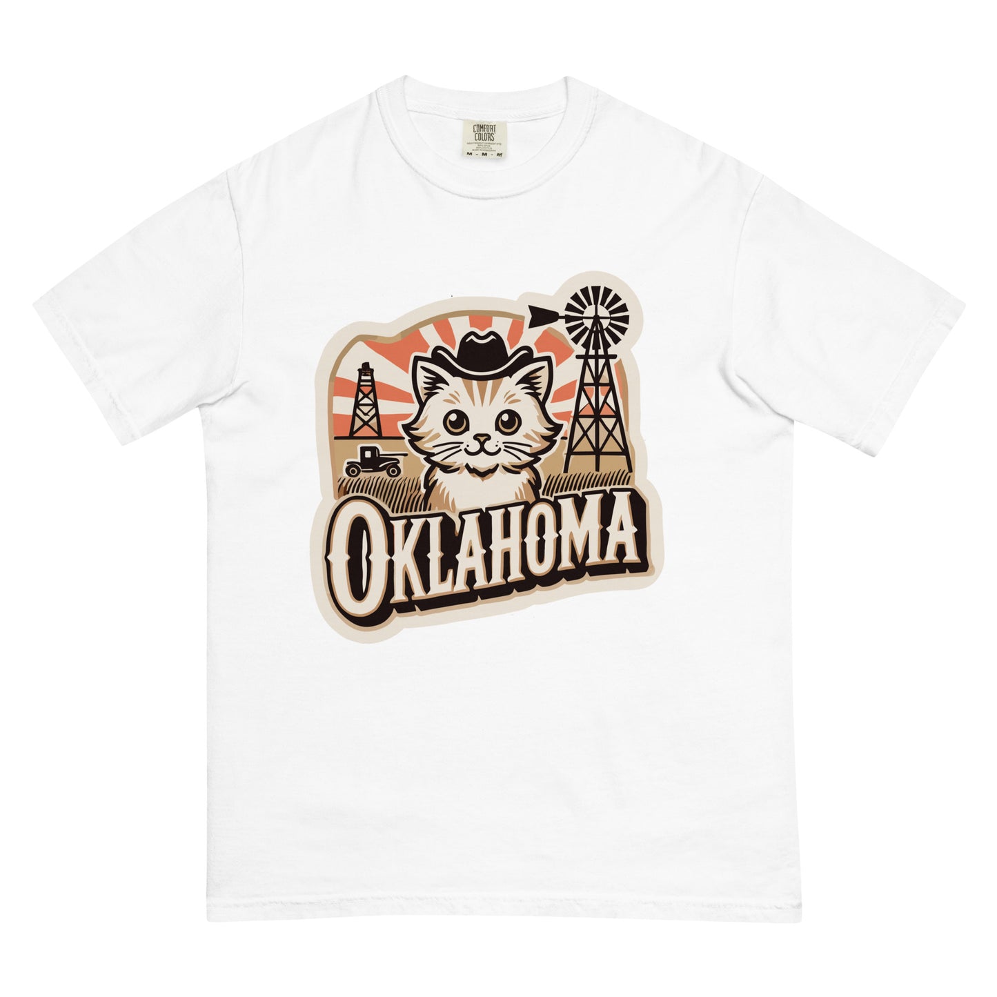 White Oklahoma cat t-shirt featuring a cute cat with cowboy hat and Oklahoma landscape design