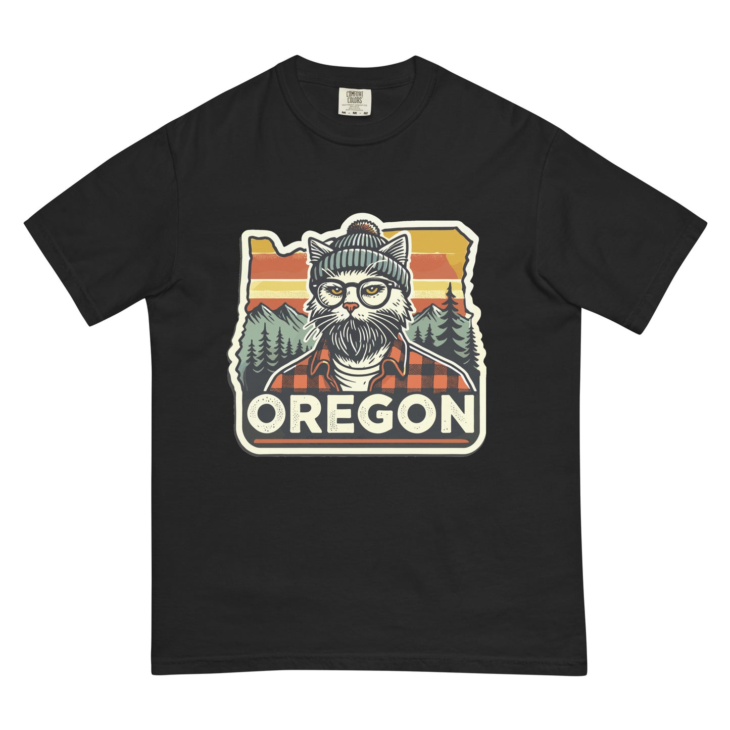 Black Oregon cat t-shirt featuring a hipster cat with glasses and beanie in front of a forest and sunset background