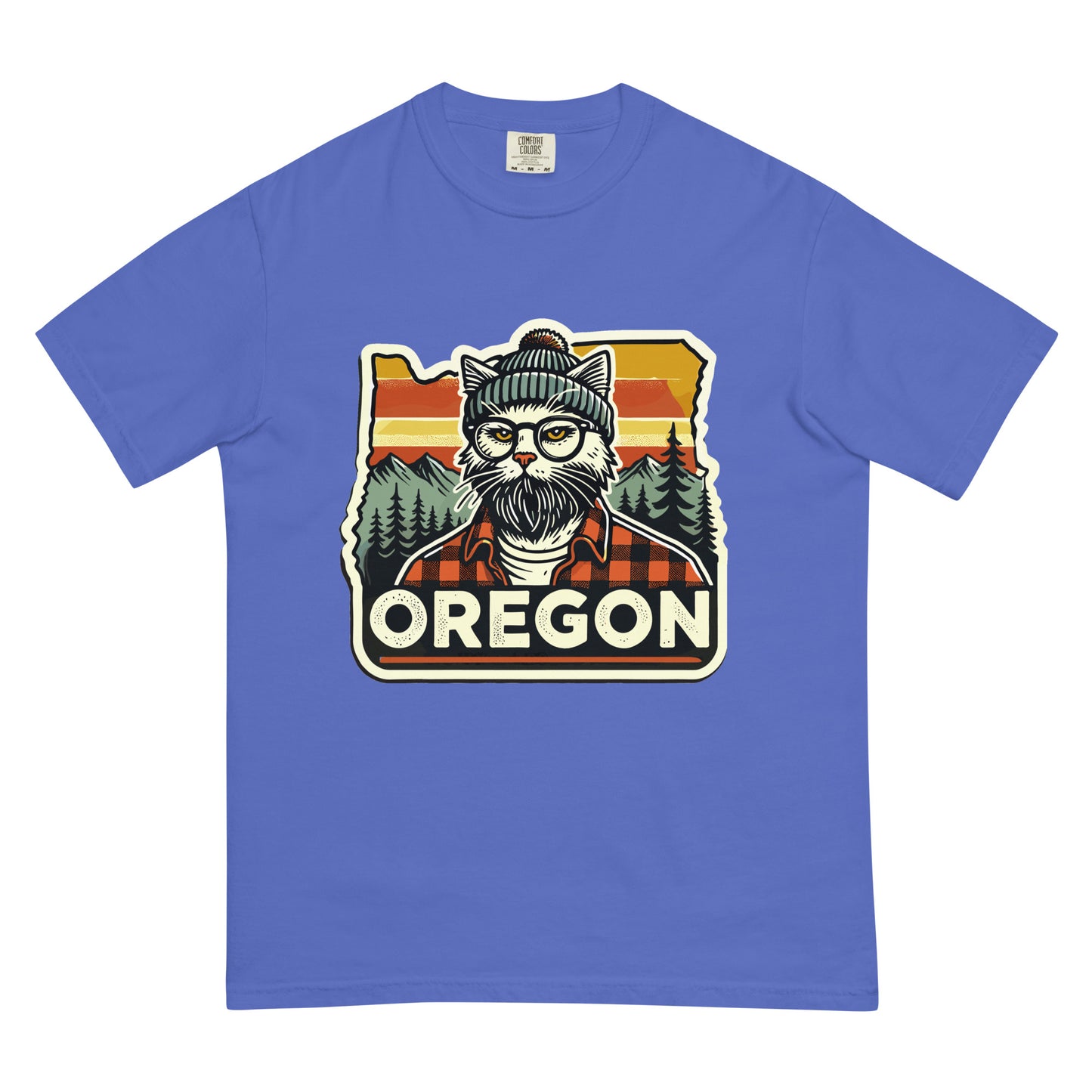 Blue Oregon cat t-shirt featuring a hipster cat with glasses and beanie in a forest background